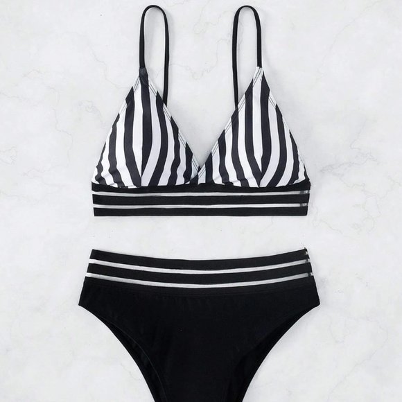 Striped Mesh High Waist Bikini Swimsuit - Picture 3 of 6